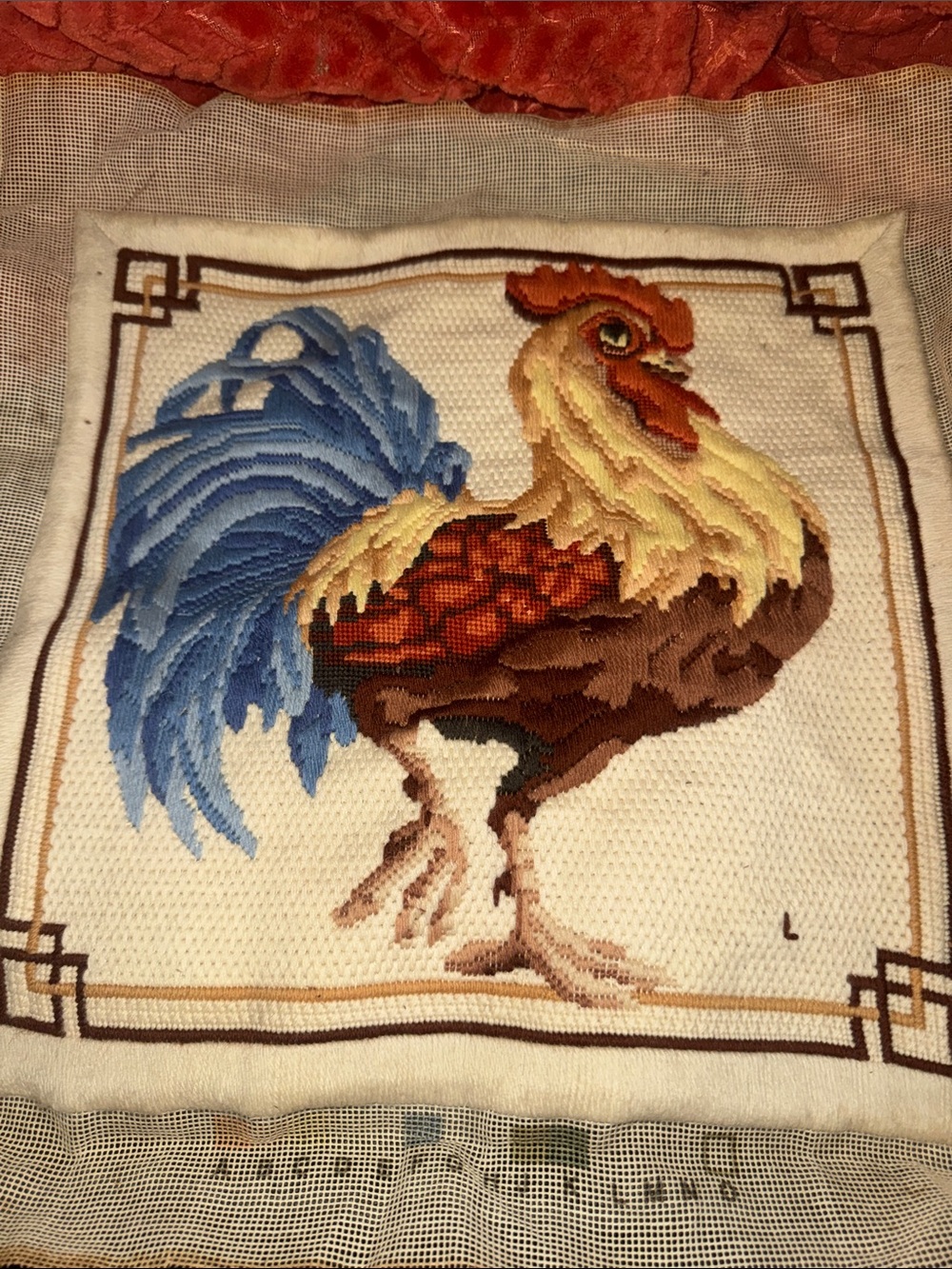 Vintage Handcrafted Needlepoint Rooster Tapestry Panel | Farmhouse French Countr
